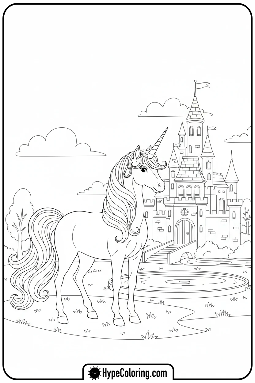 unicorn-at-castle-pond - castle color pages