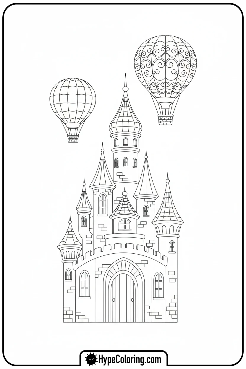 castle-with-hot-air-balloons - castle color pages