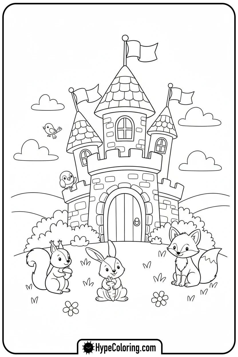cute-castle-with-forest-animals - castle color pages