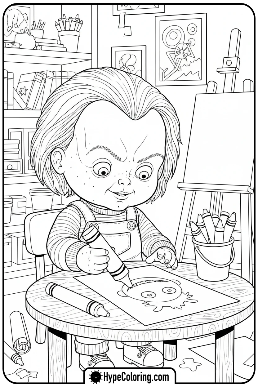 chucky-drawing-with-crayons - chucky color page
