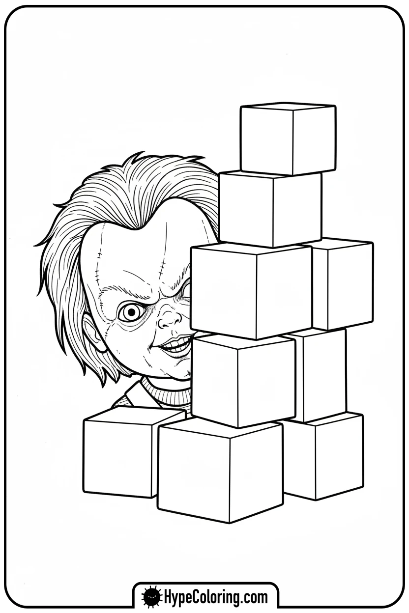 chucky-peeking-from-blocks - chucky color page