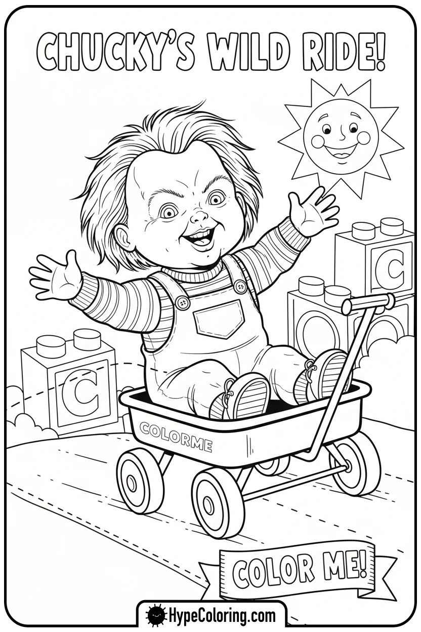 chucky-riding-toy-wagon - chucky color page
