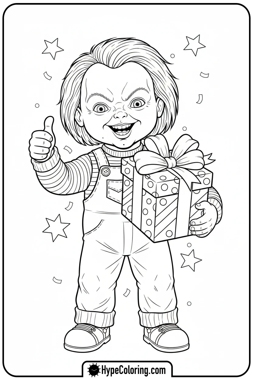 chucky-with-gift-and-thumbs-up - chucky color page