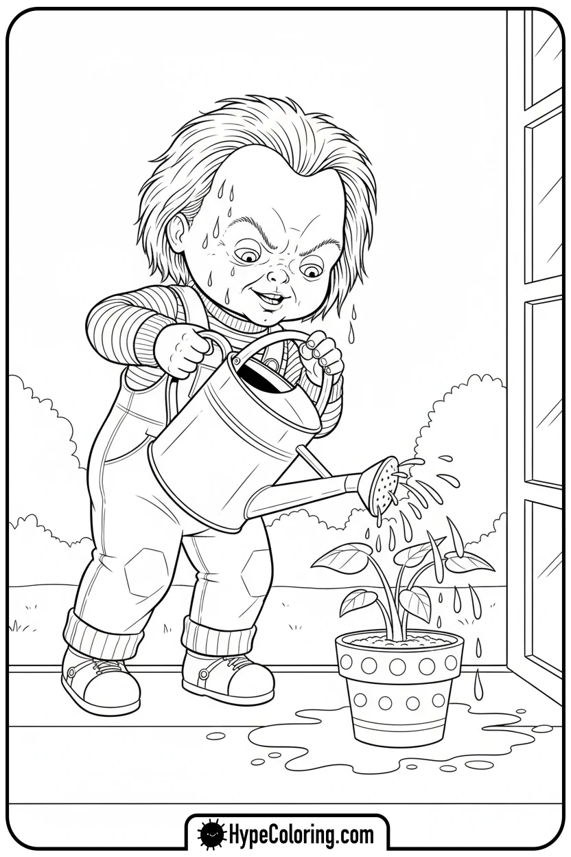 chucky-watering-plant - chucky color page