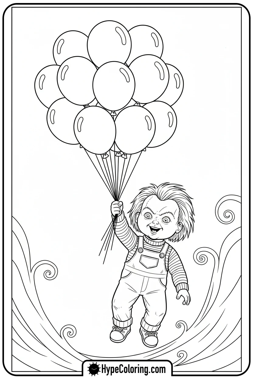 chucky-floating-with-balloons - chucky color page