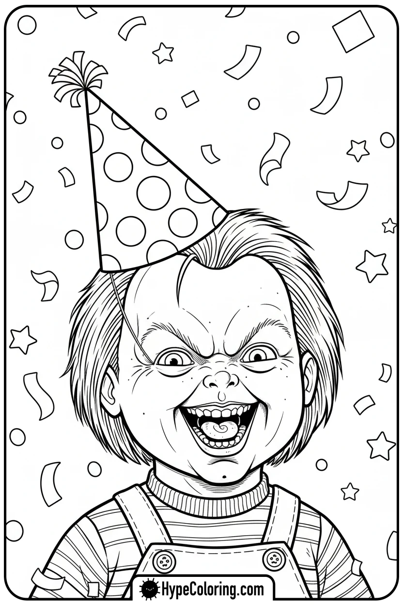 chucky-with-party-hat-and-confetti - chucky color page