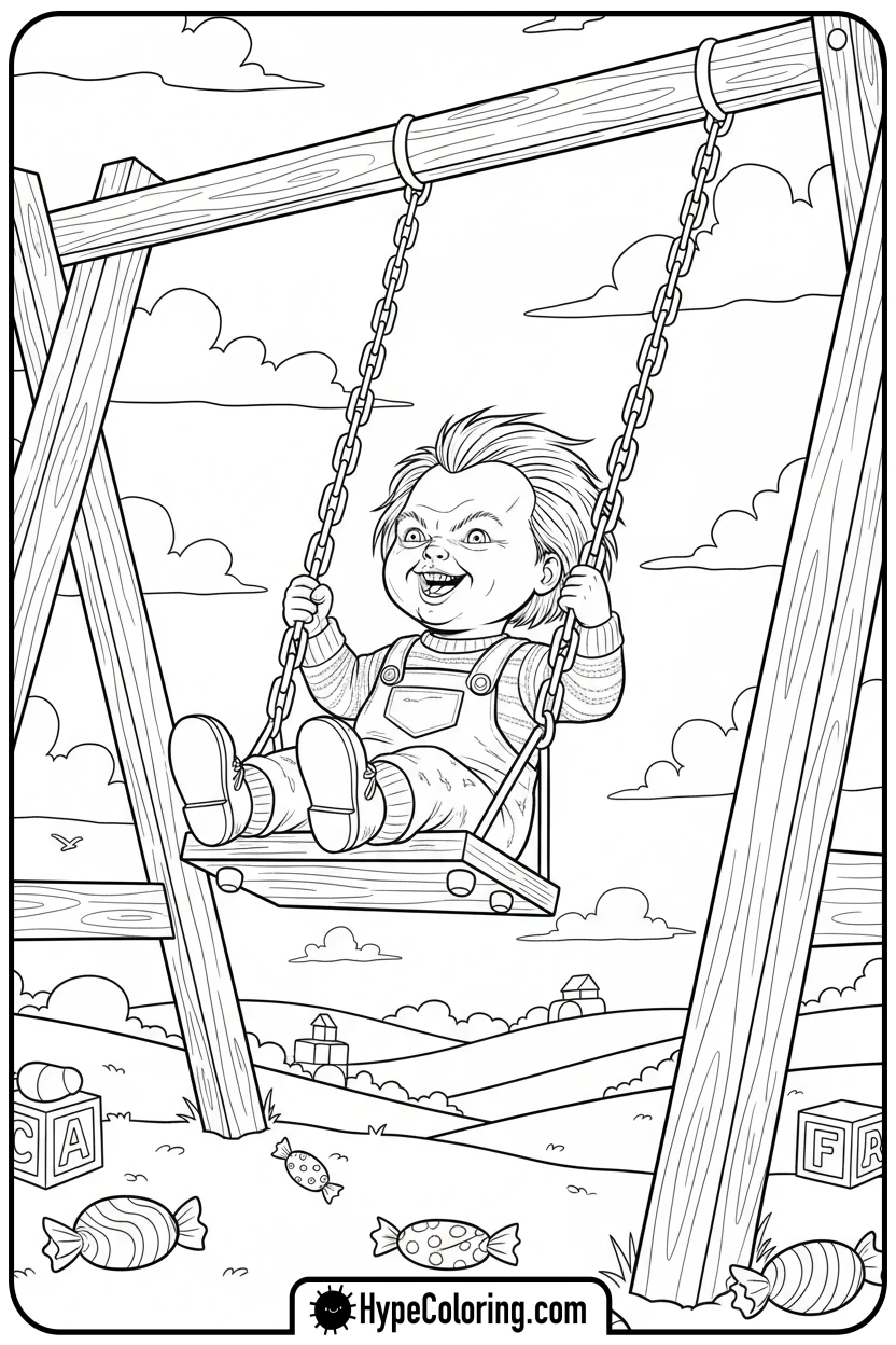 chucky-on-a-swing-set - chucky color page