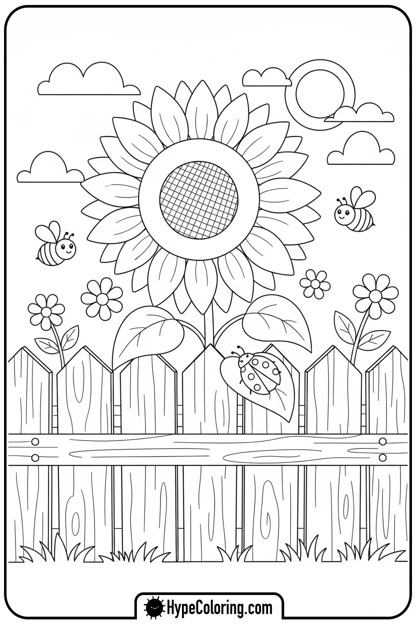 sunflower-peeking-over-fence-with-ladybug - color page sunflower