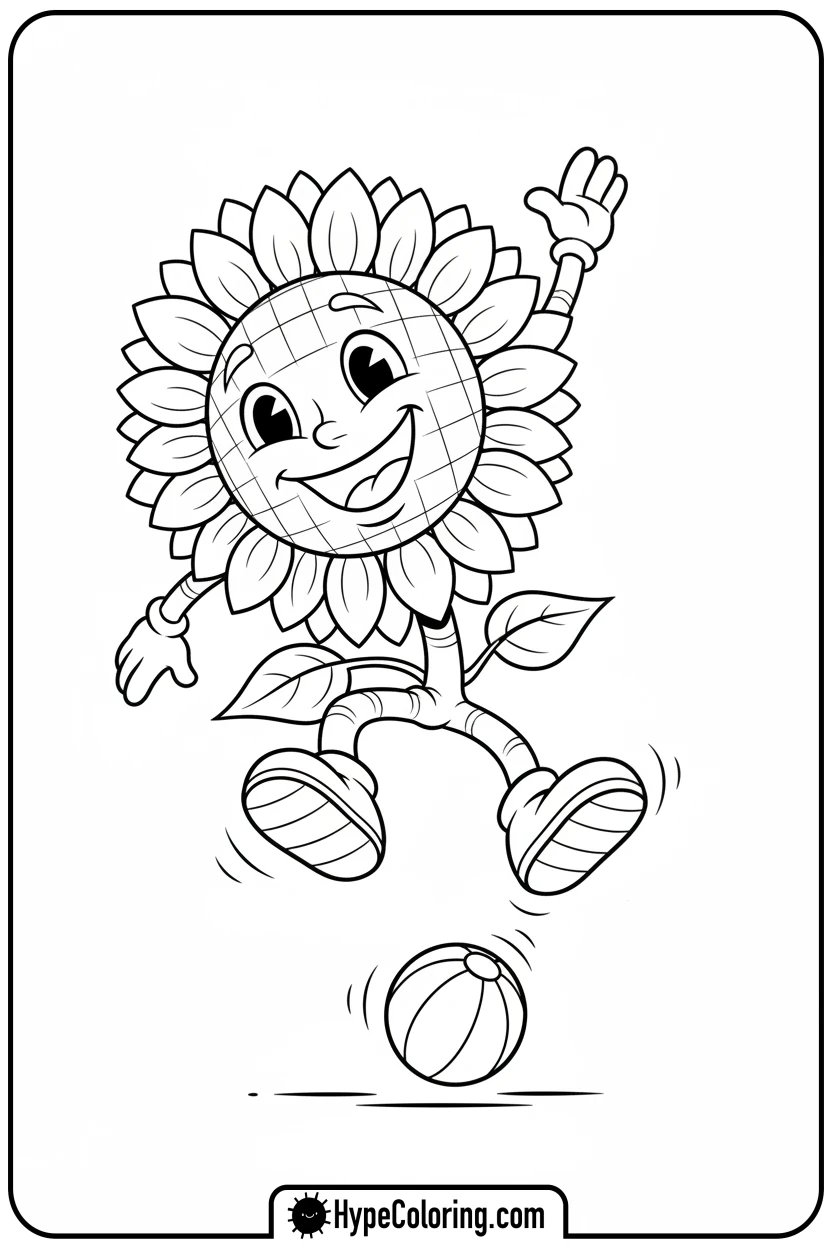 joyful-sunflower-jumping-with-ball - color page sunflower