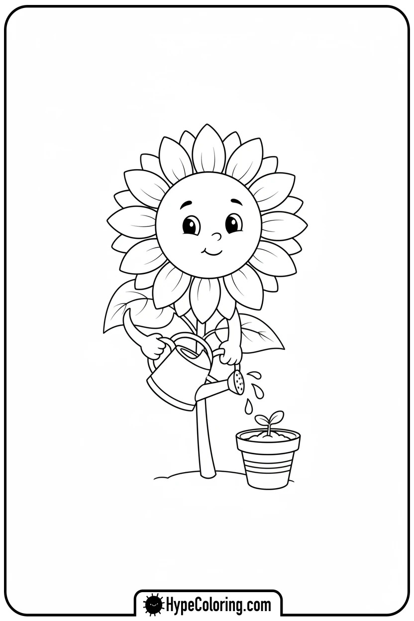 sunflower-watering-a-small-sprout - color page sunflower