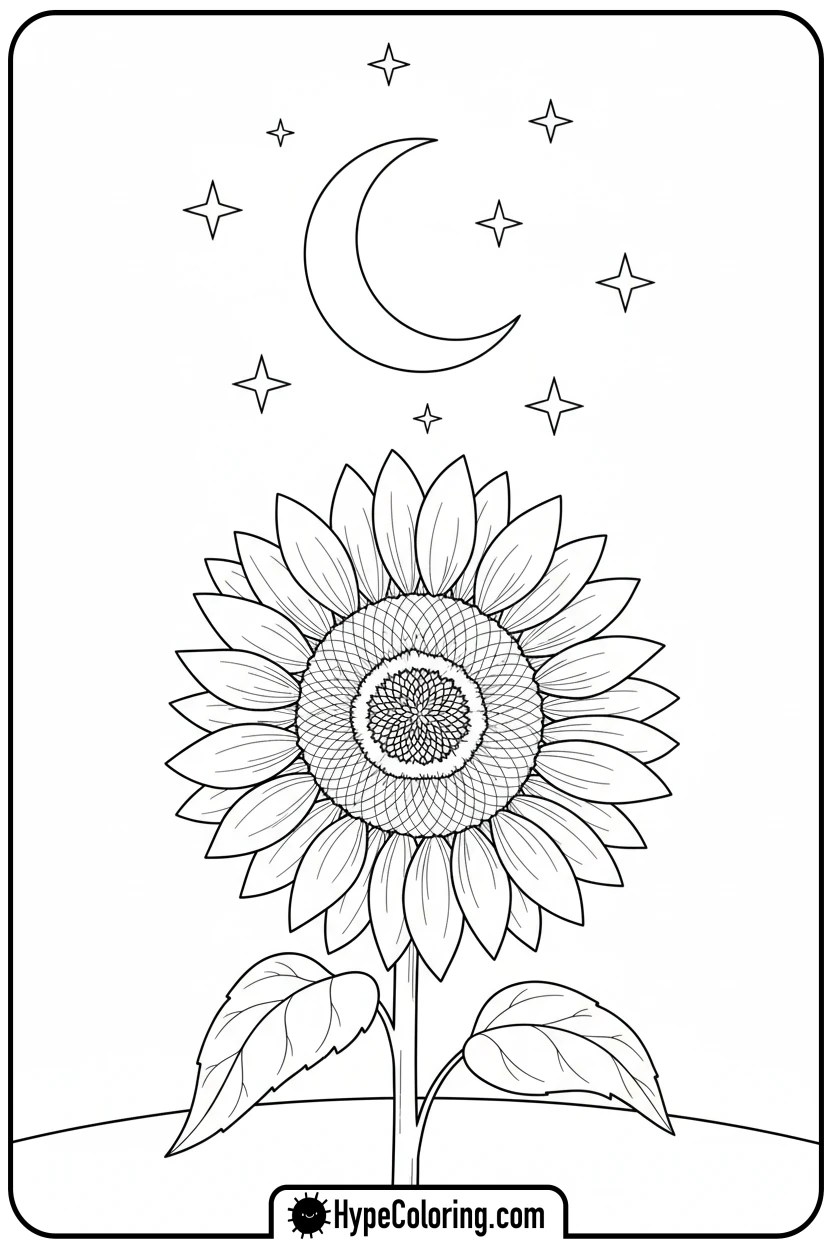 sunflower-looking-at-moon-and-stars - color page sunflower