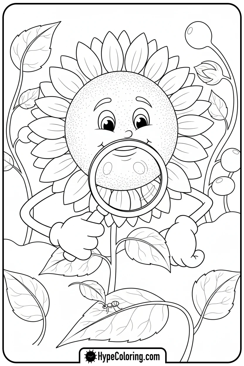 sunflower-examining-ant-with-magnifying-glass - color page sunflower
