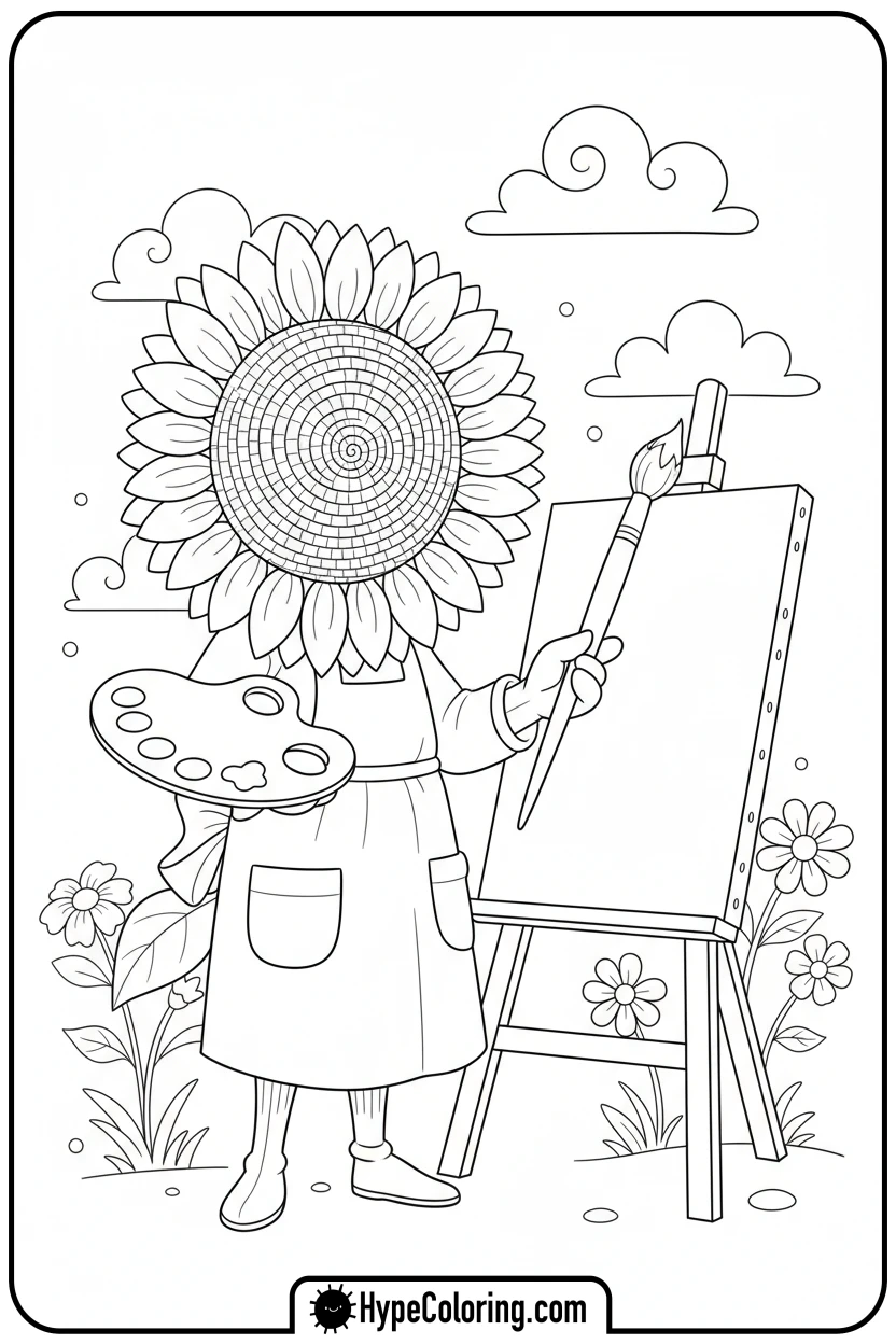 sunflower-holding-paintbrush-and-palette - color page sunflower