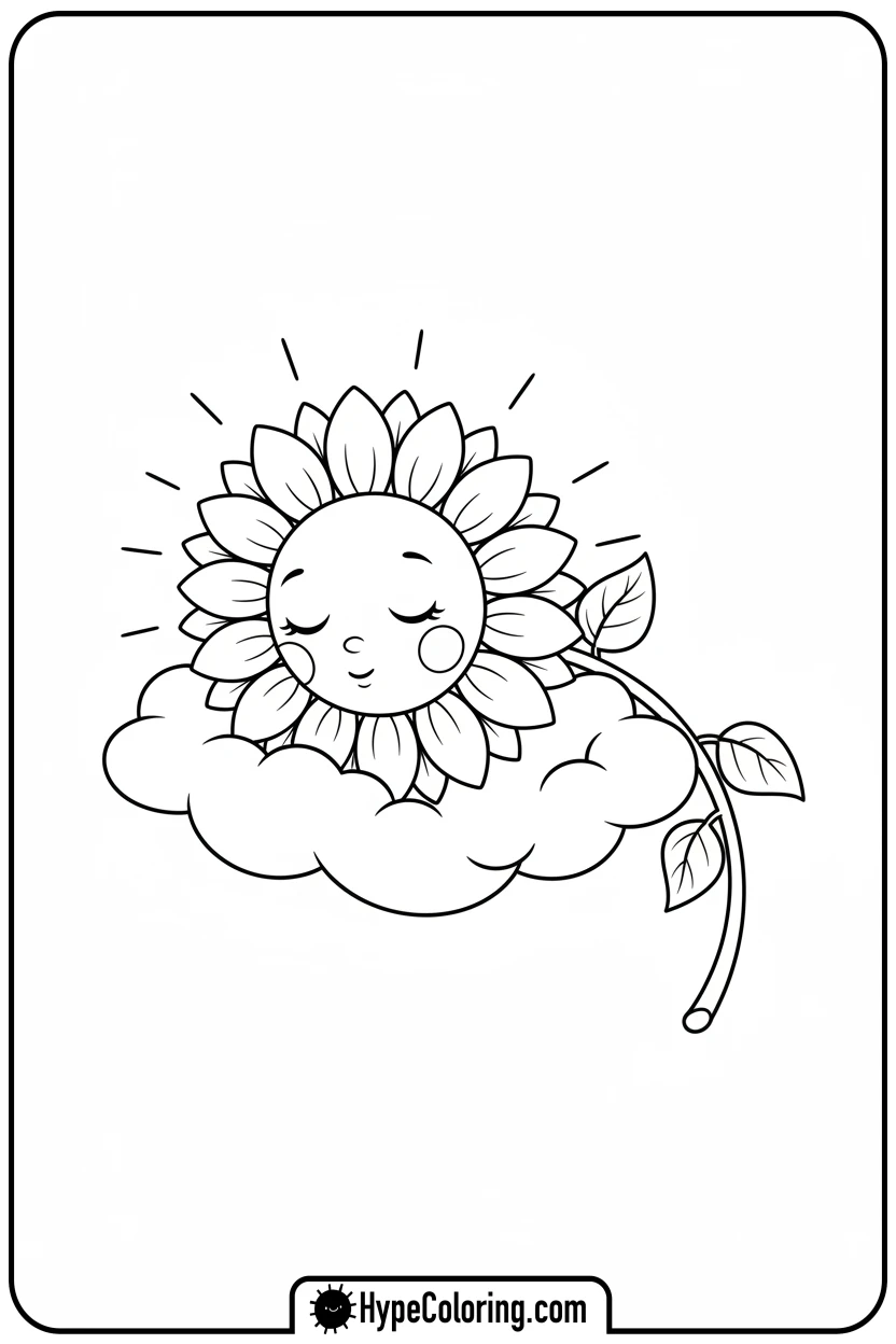 sleeping-sunflower-floating-on-cloud - color page sunflower