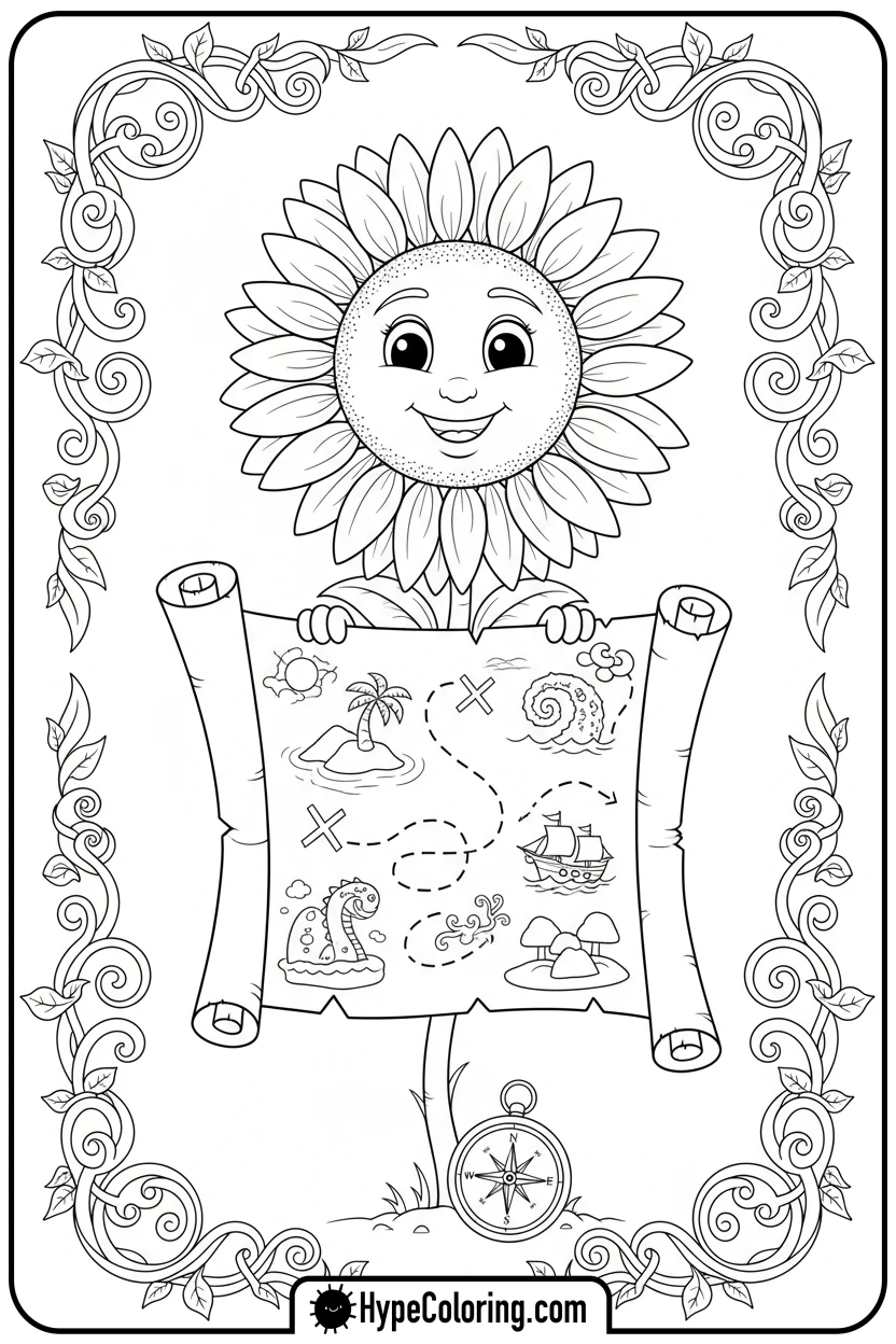 sunflower-with-a-treasure-map - color page sunflower