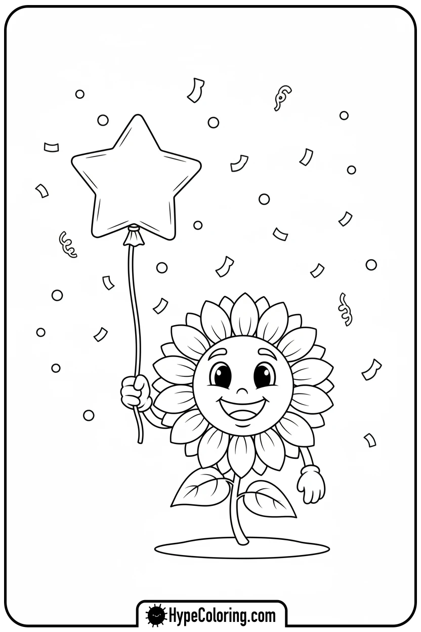 sunflower-holding-a-star-balloon - color page sunflower