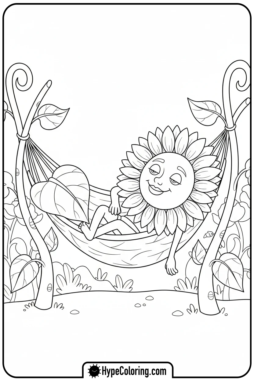 sunflower-relaxing-in-a-leaf-hammock - color page sunflower