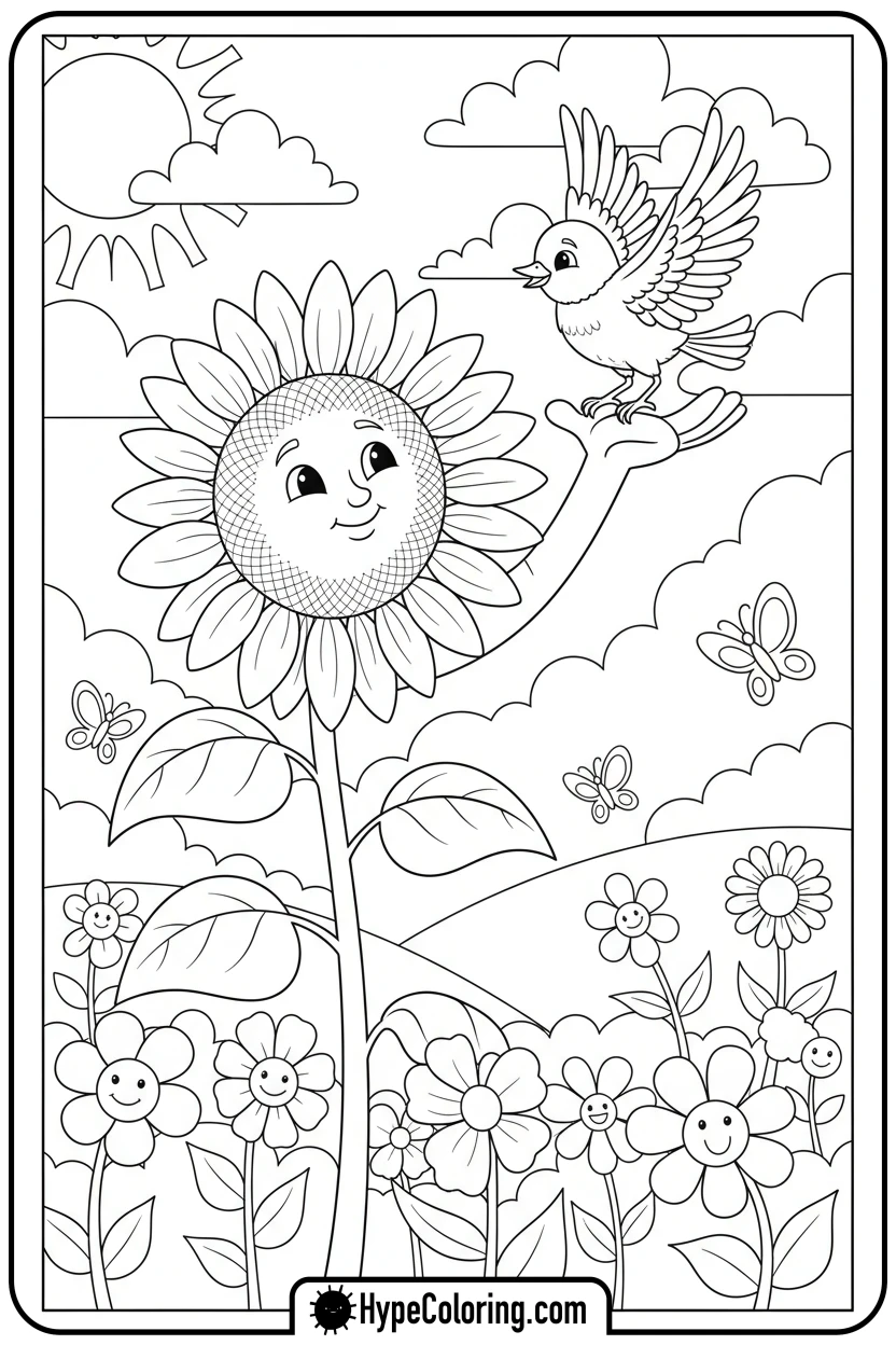 sunflower-helping-bird-take-flight - color page sunflower