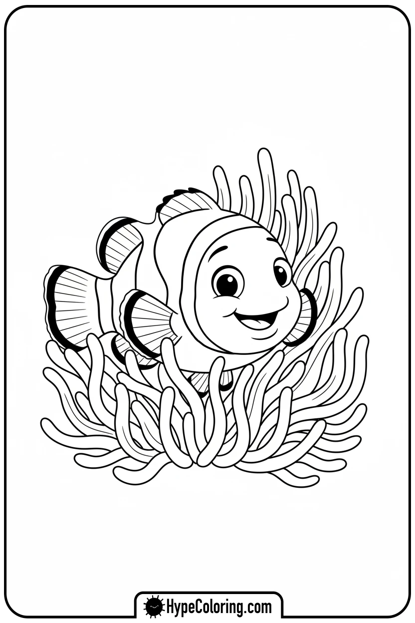 Click to download PDF clownfish-peeking-from-anemone - coloring book pages of fish