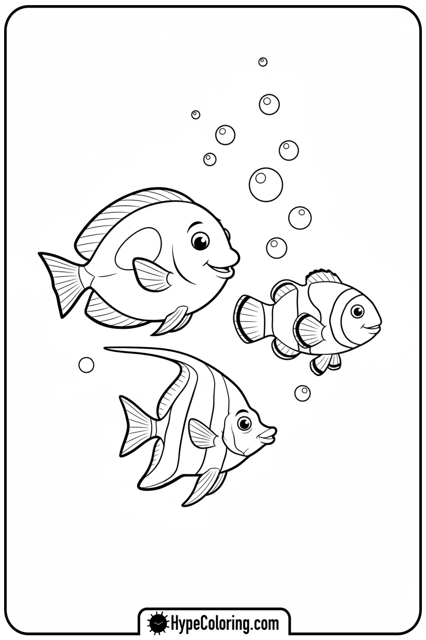 Click to download PDF three-fish-swimming-in-a-school - coloring book pages of fish
