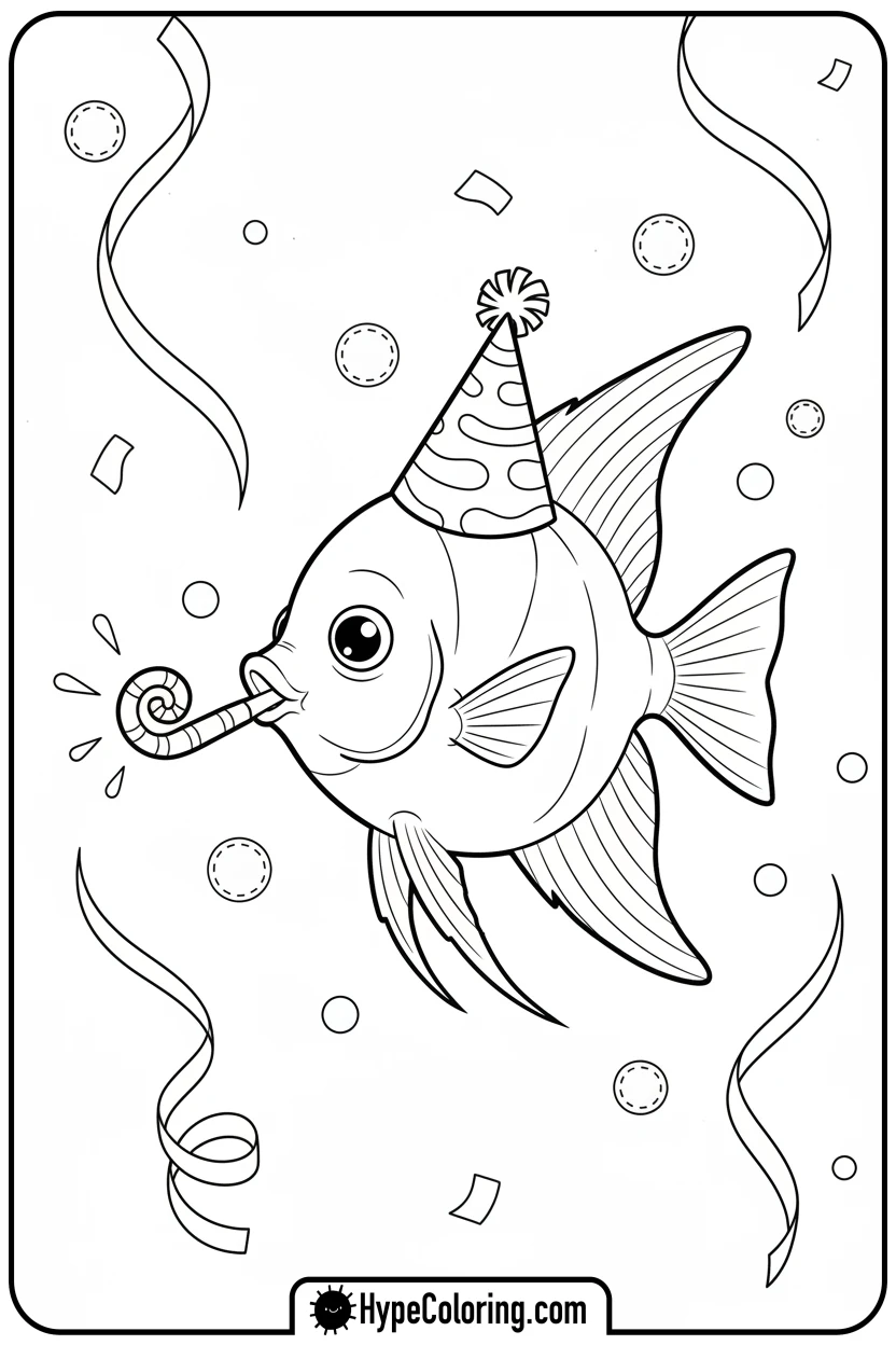 Click to download PDF angelfish-with-party-hat - coloring book pages of fish