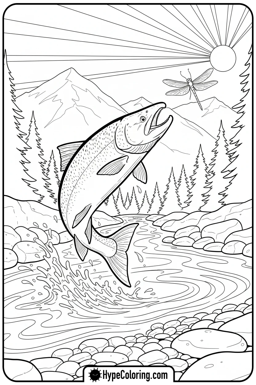Click to download PDF salmon-jumping-from-river - coloring book pages of fish