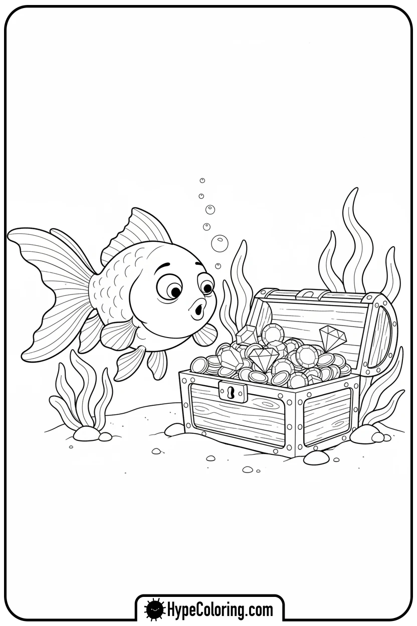 Click to download PDF goldfish-finding-treasure-chest - coloring book pages of fish