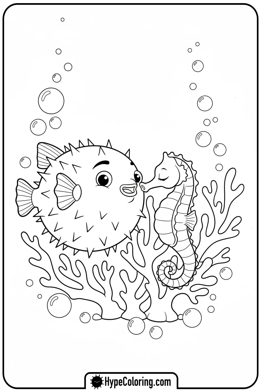 Click to download PDF pufferfish-nudging-seahorse - coloring book pages of fish