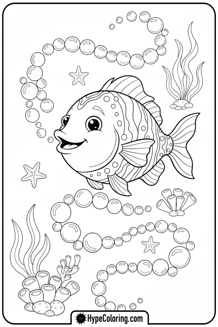 Click to download PDF fish-blowing-curly-bubbles - coloring book pages of fish