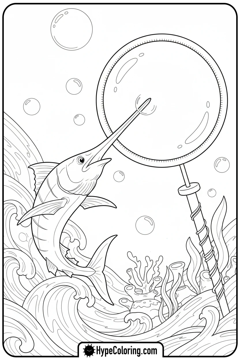 Click to download PDF swordfish-jousting-with-bubble-wand - coloring book pages of fish