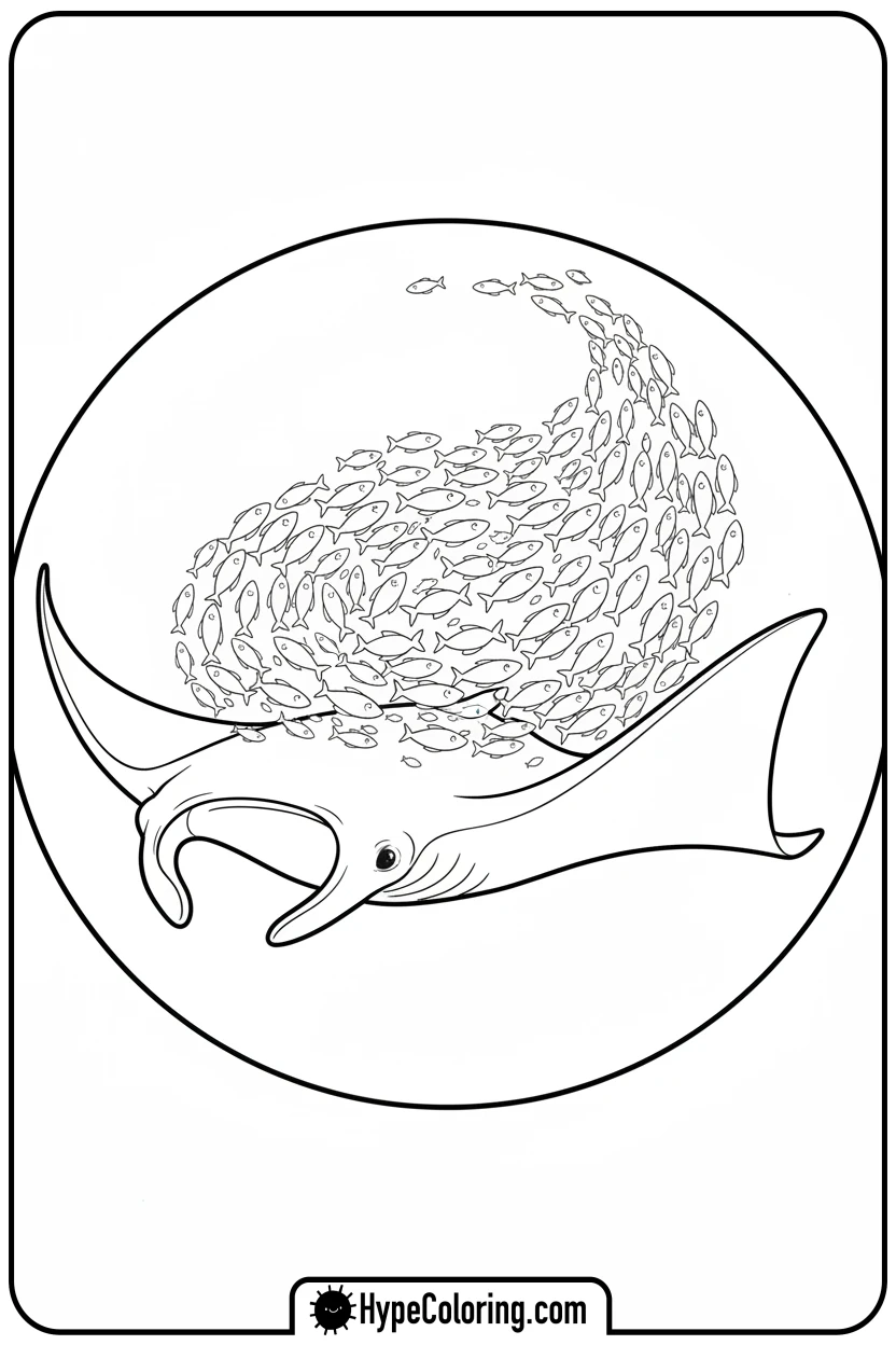 Click to download PDF manta-ray-with-fish-school - coloring book pages of fish