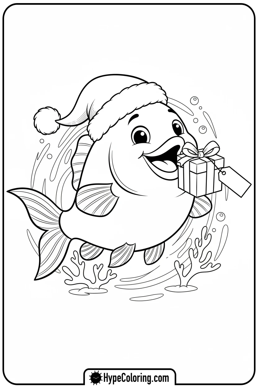 Click to download PDF fish-wearing-santa-hat - coloring book pages of fish