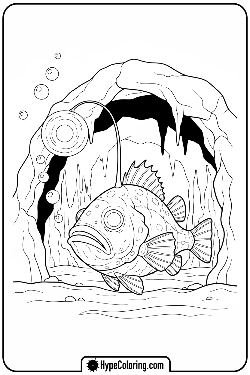 Click to download PDF anglerfish-exploring-a-cave - coloring book pages of fish