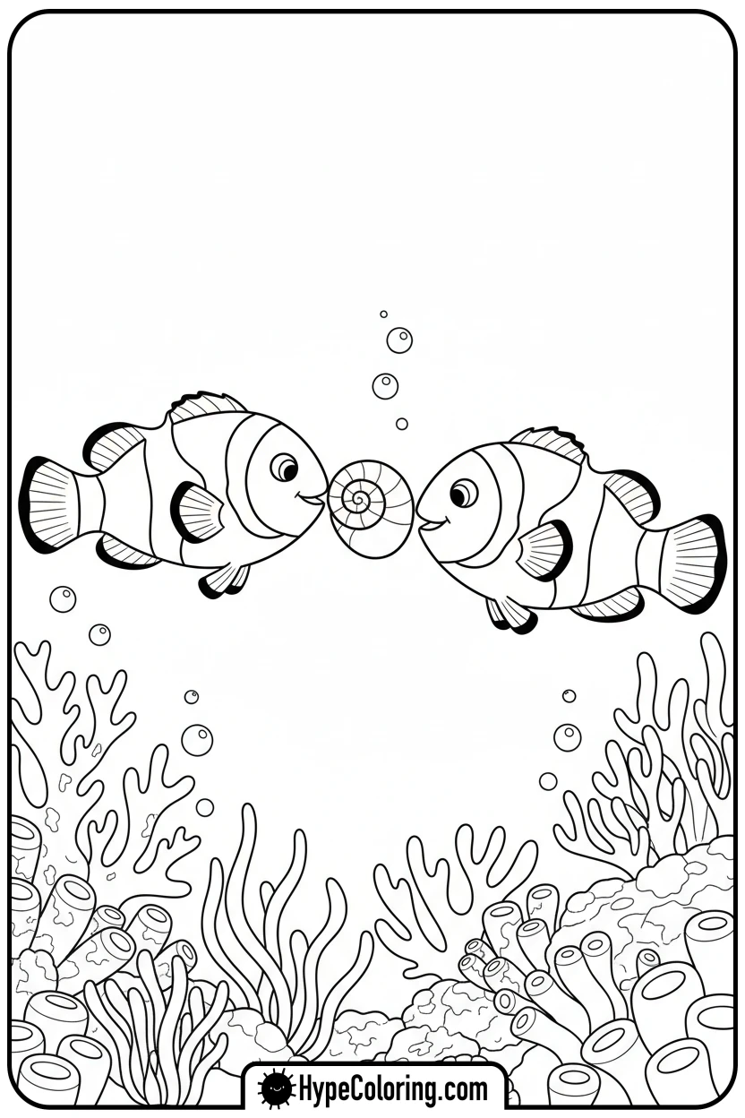 Click to download PDF clownfish-playing-catch-with-shell - coloring book pages of fish