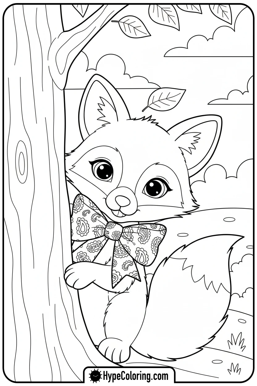 Click to download PDF fox-cub-with-bow-peeking - coloring pages bows
