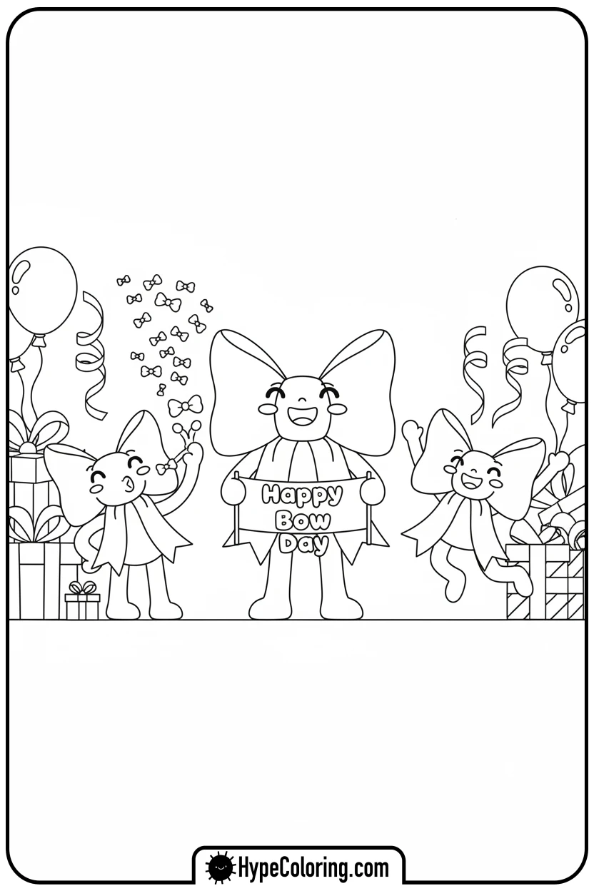 Click to download PDF bow-characters-celebrating - coloring pages bows