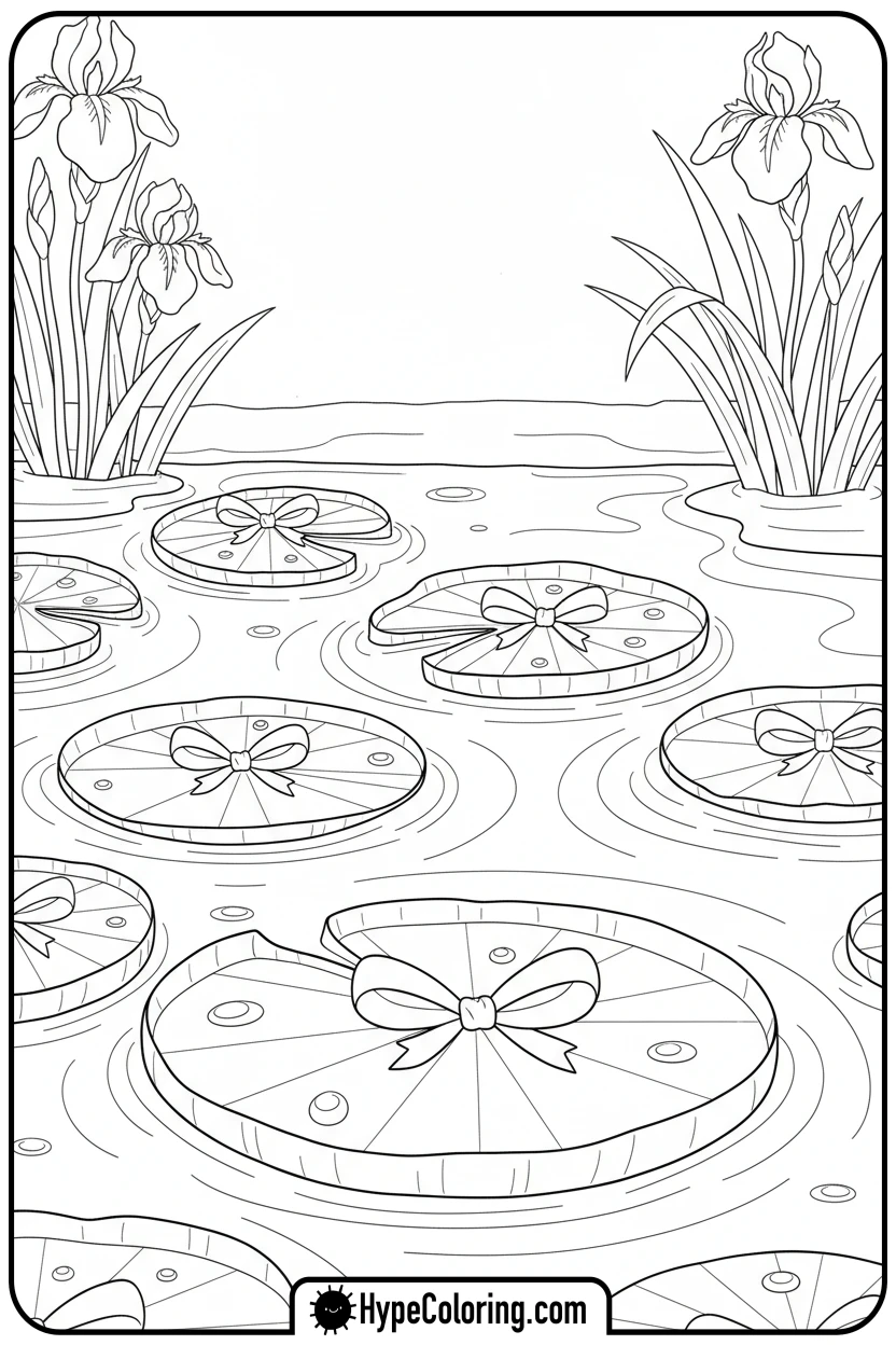 Click to download PDF bows-on-lily-pads-in-pond - coloring pages bows
