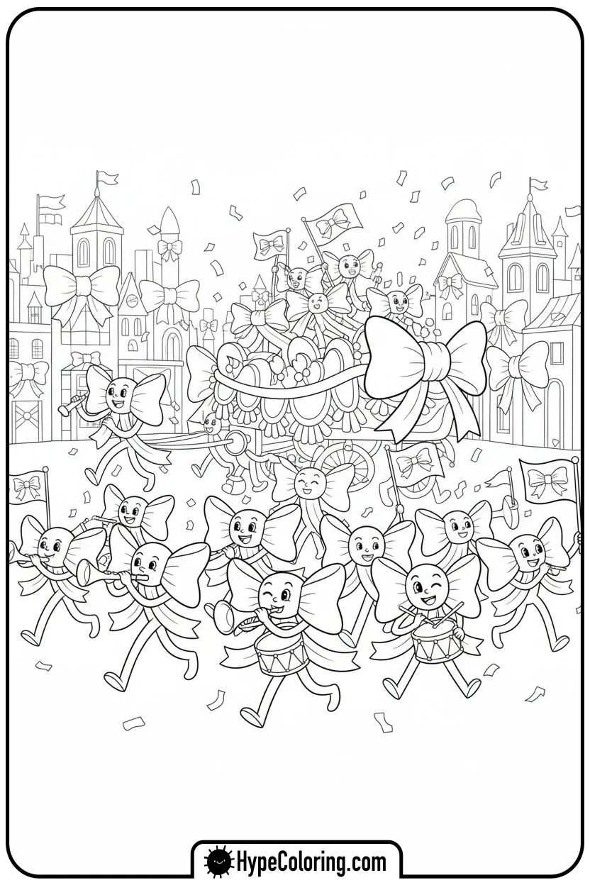 Click to download PDF grand-parade-of-bow-characters - coloring pages bows