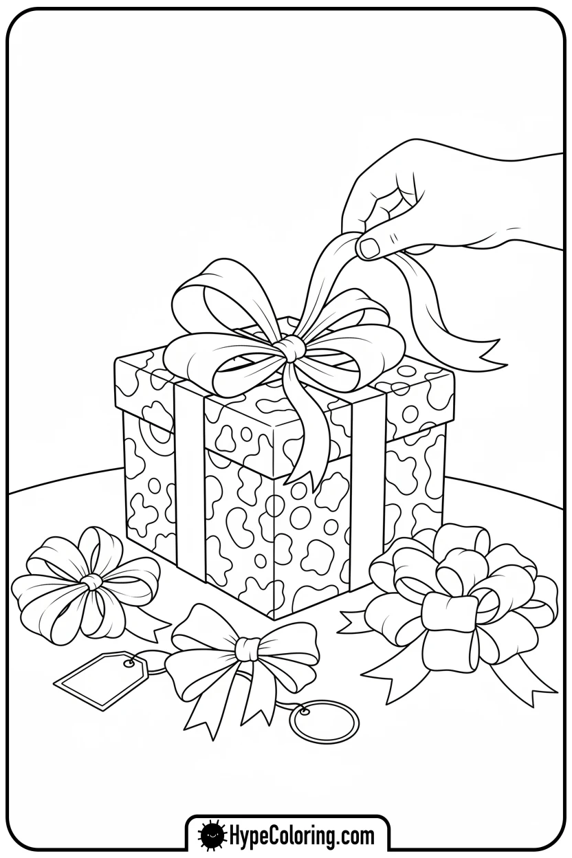 Click to download PDF hand-tying-bow-on-gift - coloring pages bows