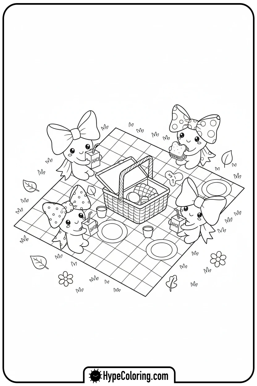 Click to download PDF bow-characters-having-picnic - coloring pages bows