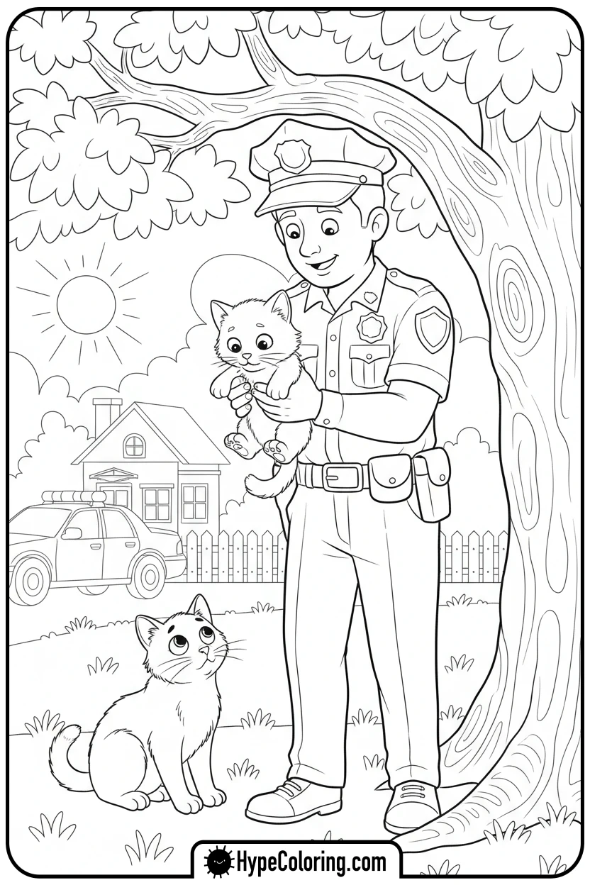 Click to download PDF police-officer-rescuing-a-kitten - coloring pages for police