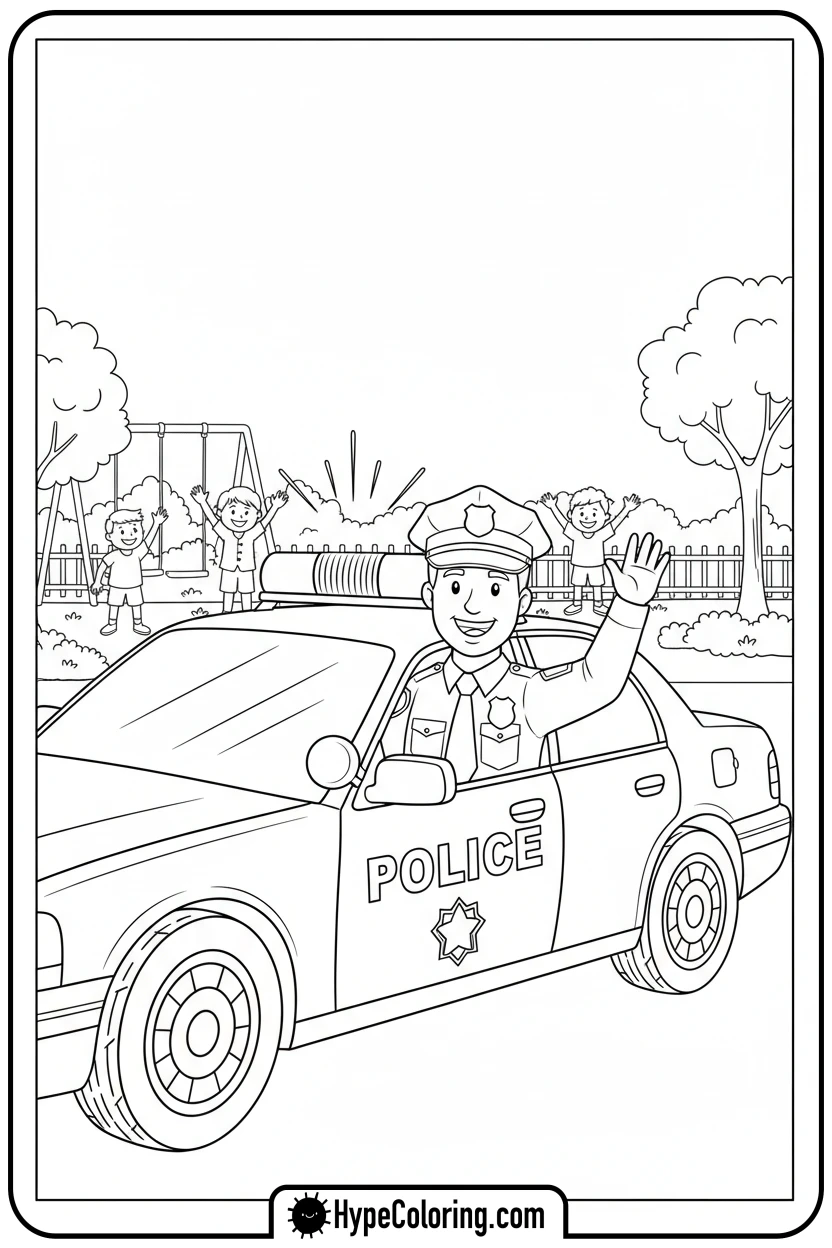 Click to download PDF police-officer-in-patrol-car-waving - coloring pages for police