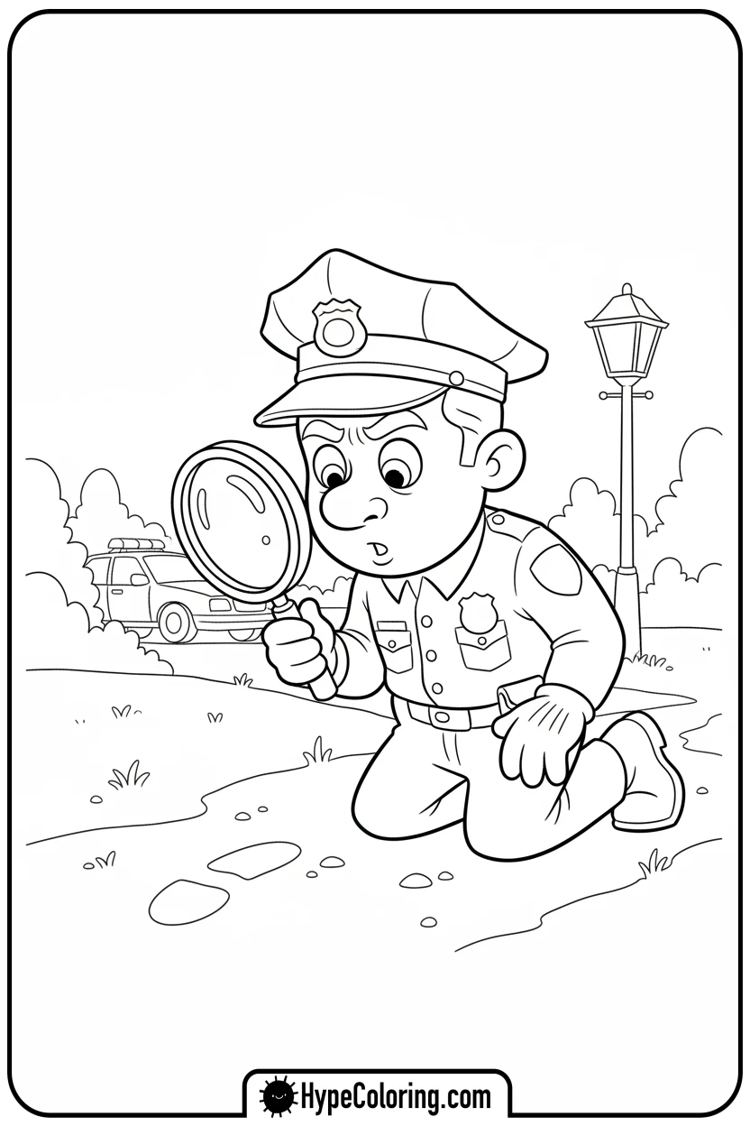 Click to download PDF police-officer-inspecting-footprint - coloring pages for police