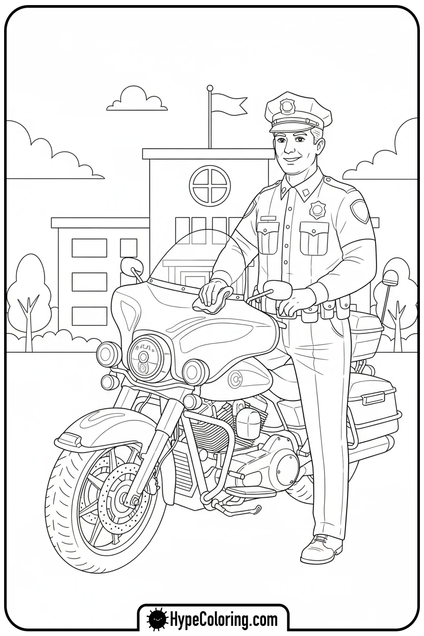 Click to download PDF police-officer-polishing-motorcycle - coloring pages for police