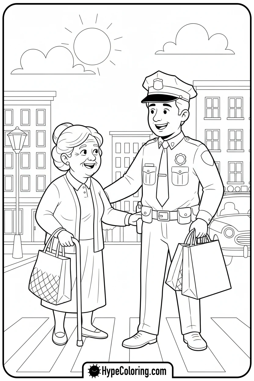 Click to download PDF police-officer-helping-elderly - coloring pages for police