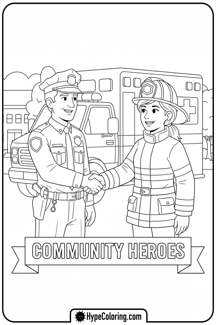 Click to download PDF police-officer-and-firefighter-handshake - coloring pages for police