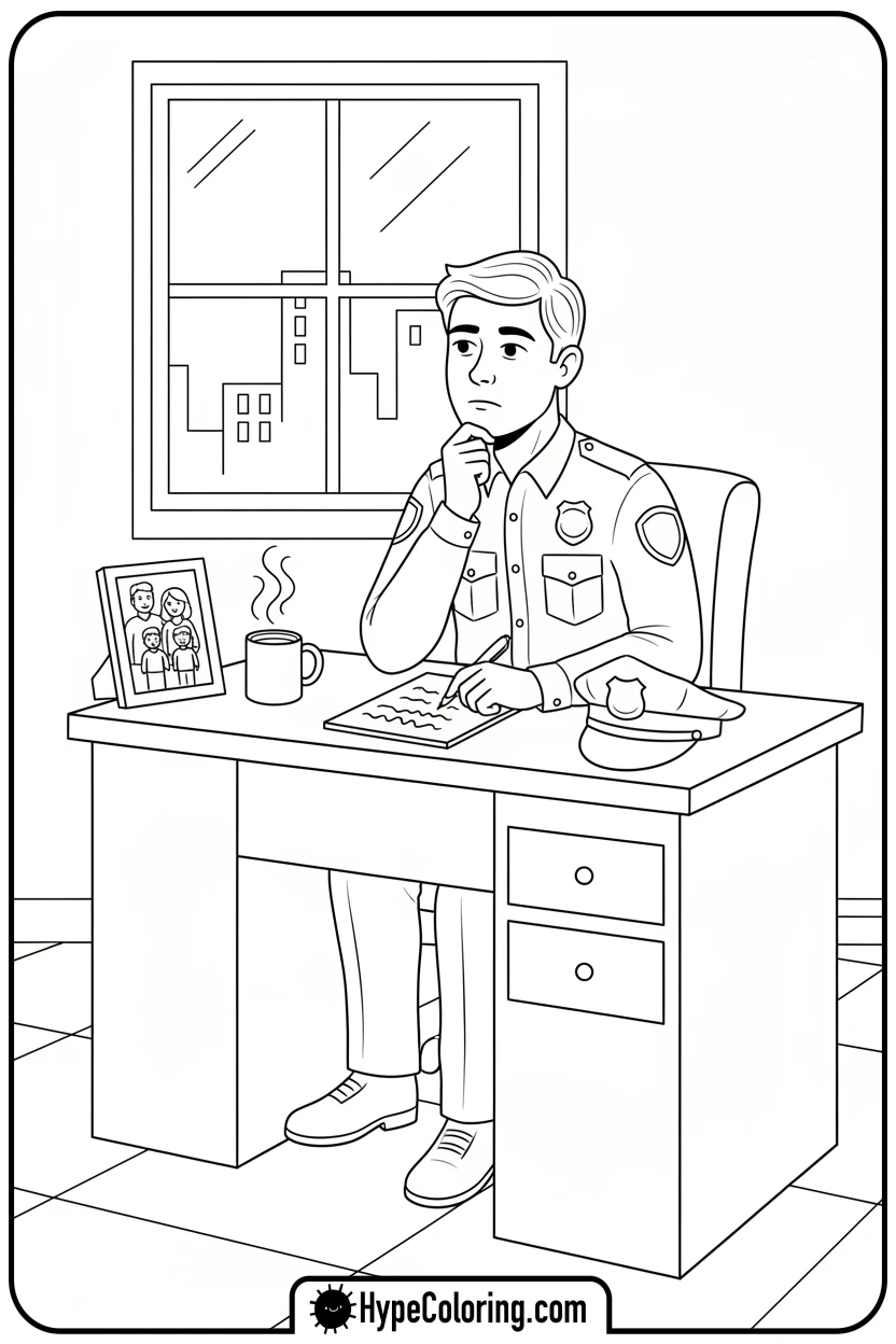 Click to download PDF police-officer-at-desk-thoughtfully - coloring pages for police