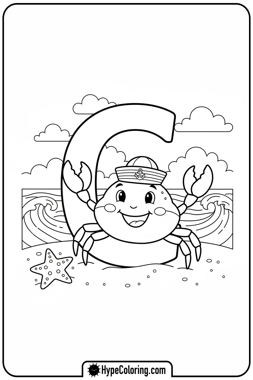 crab-on-beach-with-hat - coloring pages for the letter c