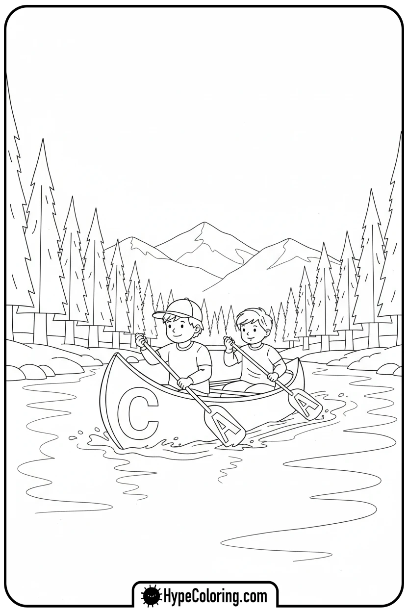 children-paddling-canoe - coloring pages for the letter c