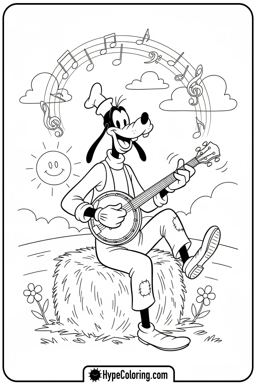 Click to download PDF goofy-playing-banjo-on-hay-bale - goofy coloring pages